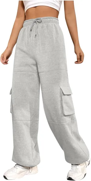 Fleece Cargo Joggers for Women Baggy Straight Leg Sweatpants Drawstring Cinch Bottom High Waisted Pants with Pockets