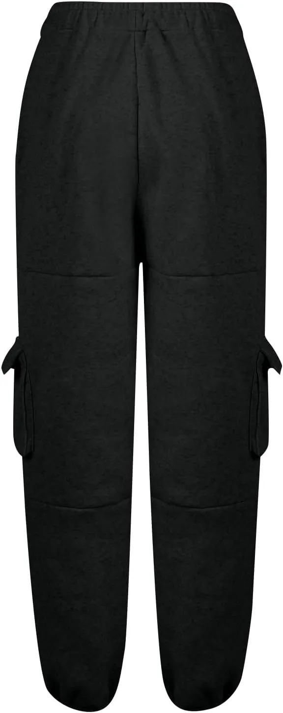 Fleece Cargo Joggers for Women Baggy Straight Leg Sweatpants Drawstring Cinch Bottom High Waisted Pants with Pockets