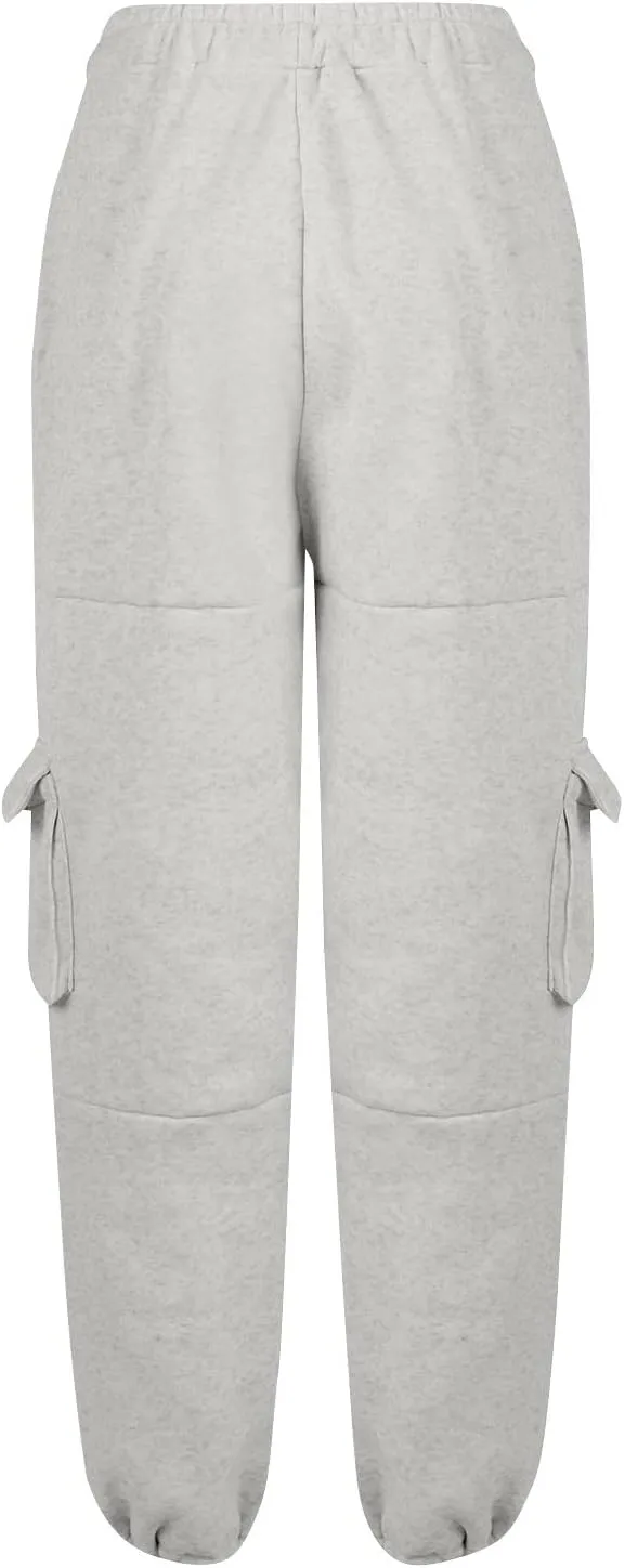Fleece Cargo Joggers for Women Baggy Straight Leg Sweatpants Drawstring Cinch Bottom High Waisted Pants with Pockets