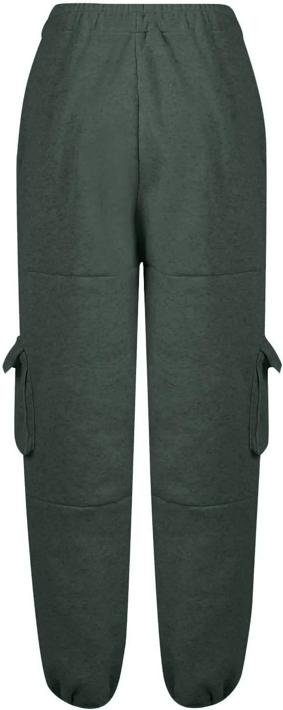 Fleece Cargo Joggers for Women Baggy Straight Leg Sweatpants Drawstring Cinch Bottom High Waisted Pants with Pockets