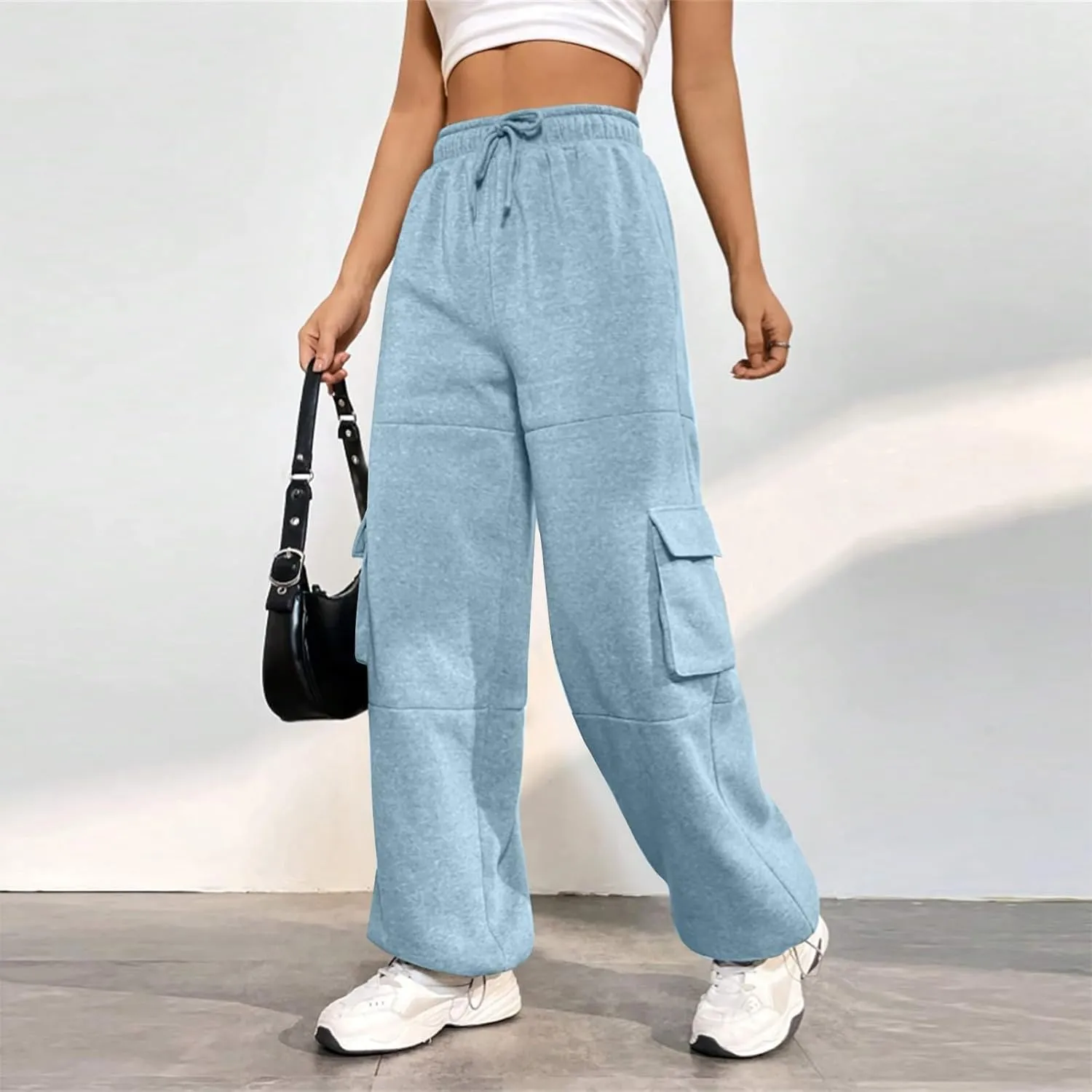 Fleece Cargo Joggers for Women Baggy Straight Leg Sweatpants Drawstring Cinch Bottom High Waisted Pants with Pockets
