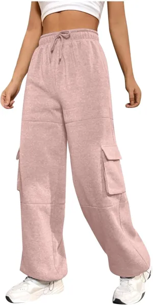 Fleece Cargo Joggers for Women Baggy Straight Leg Sweatpants Drawstring Cinch Bottom High Waisted Pants with Pockets