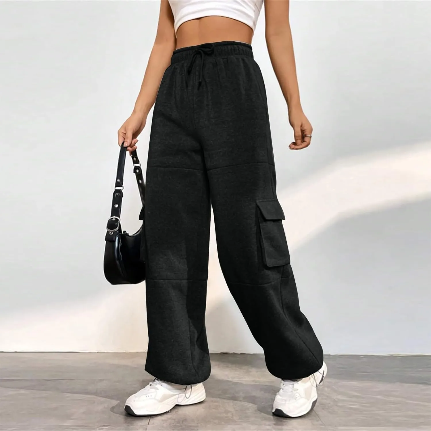 Fleece Cargo Joggers for Women Baggy Straight Leg Sweatpants Drawstring Cinch Bottom High Waisted Pants with Pockets