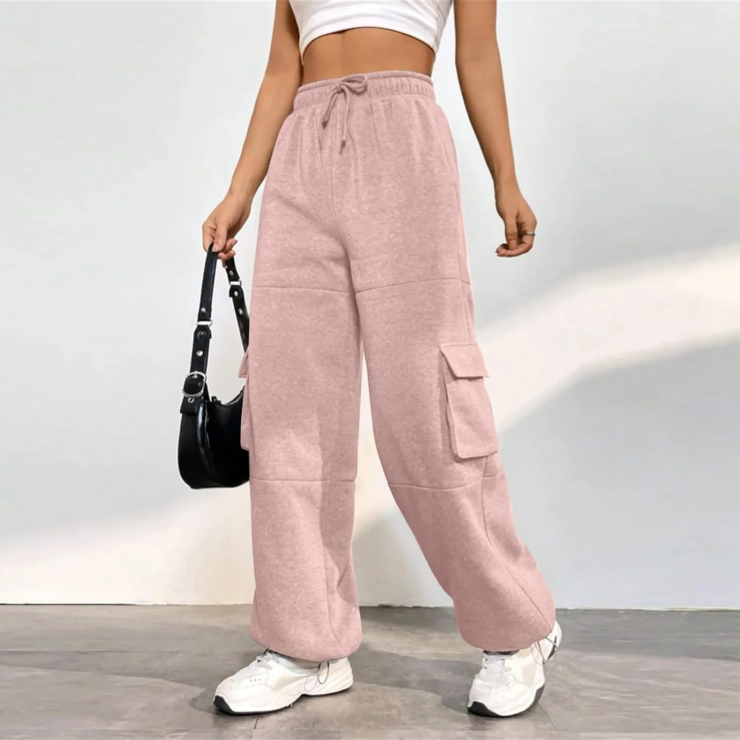 Fleece Cargo Joggers for Women Baggy Straight Leg Sweatpants Drawstring Cinch Bottom High Waisted Pants with Pockets
