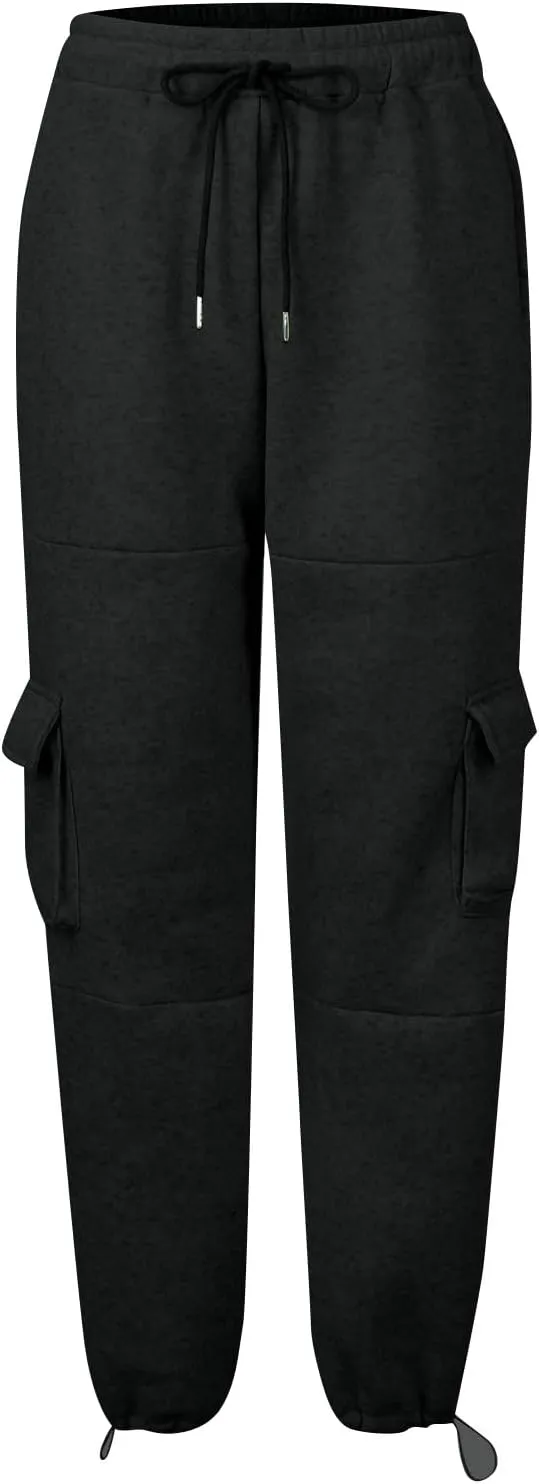 Fleece Cargo Joggers for Women Baggy Straight Leg Sweatpants Drawstring Cinch Bottom High Waisted Pants with Pockets