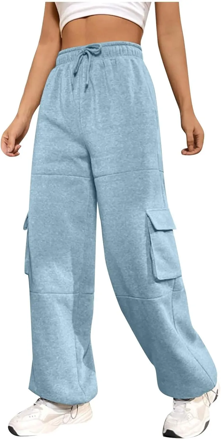 Fleece Cargo Joggers for Women Baggy Straight Leg Sweatpants Drawstring Cinch Bottom High Waisted Pants with Pockets