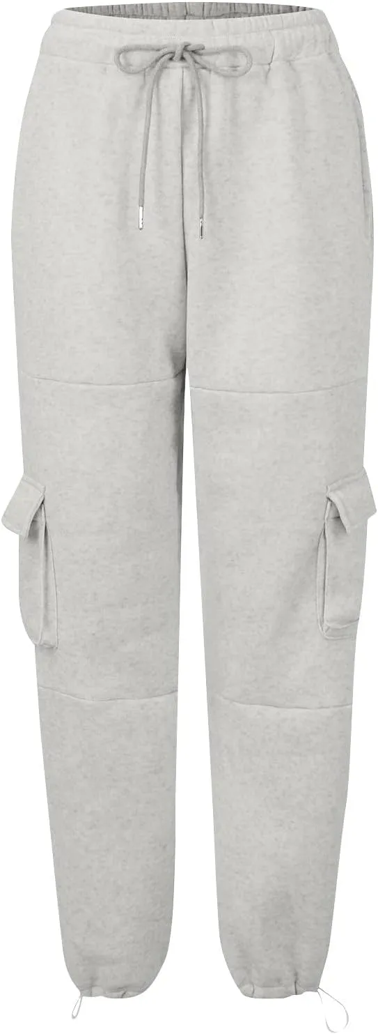 Fleece Cargo Joggers for Women Baggy Straight Leg Sweatpants Drawstring Cinch Bottom High Waisted Pants with Pockets