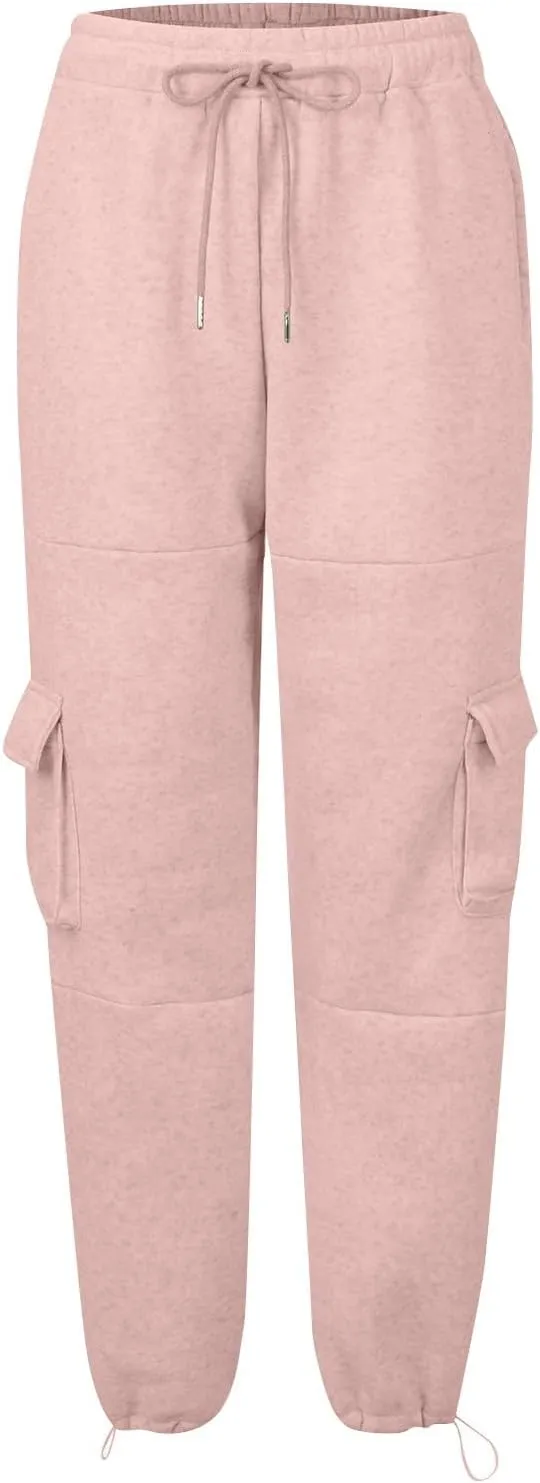 Fleece Cargo Joggers for Women Baggy Straight Leg Sweatpants Drawstring Cinch Bottom High Waisted Pants with Pockets