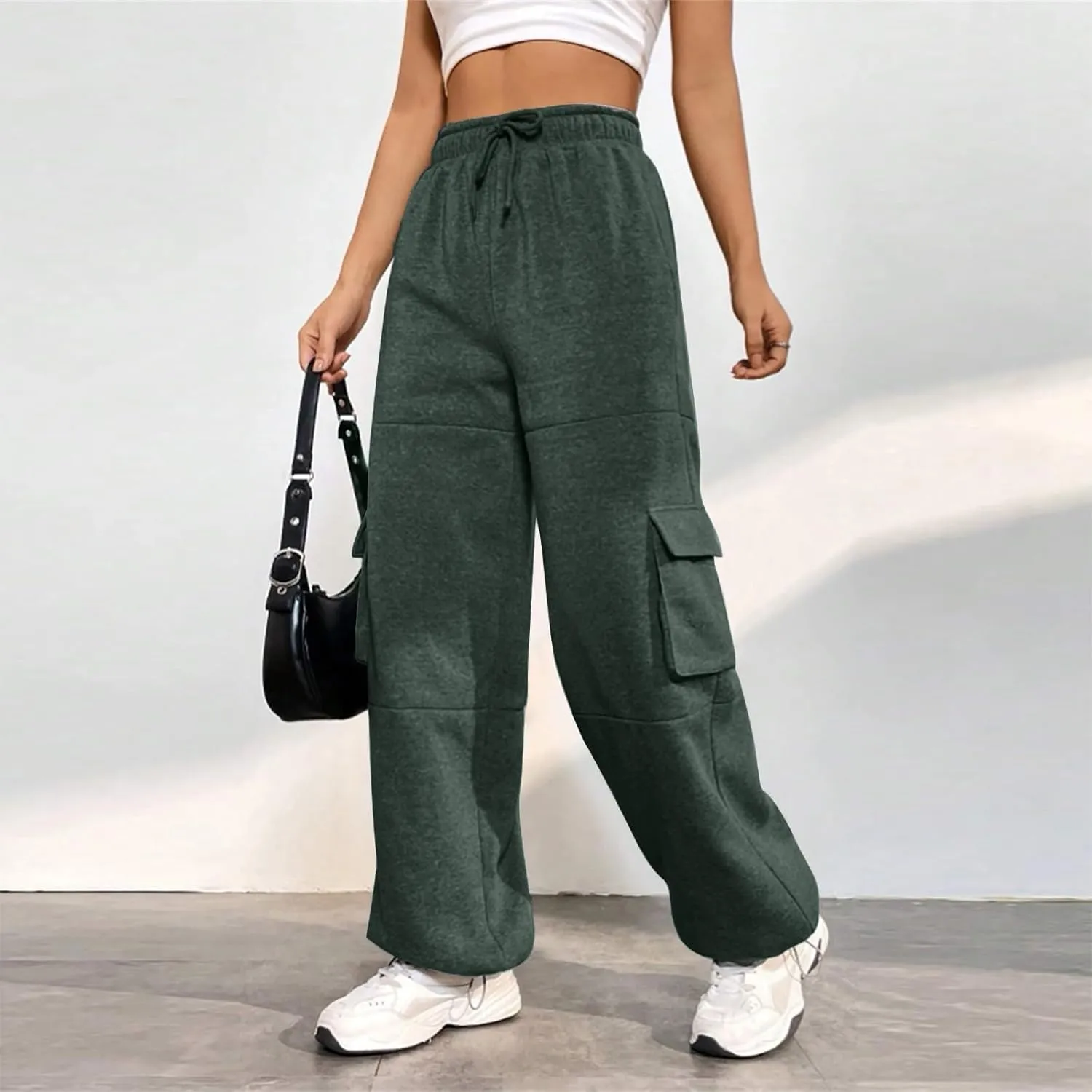 Fleece Cargo Joggers for Women Baggy Straight Leg Sweatpants Drawstring Cinch Bottom High Waisted Pants with Pockets