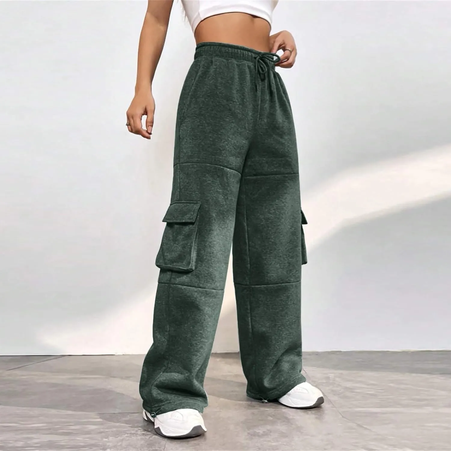 Fleece Cargo Joggers for Women Baggy Straight Leg Sweatpants Drawstring Cinch Bottom High Waisted Pants with Pockets