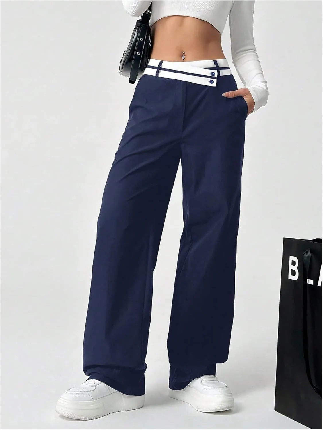 Floerns Women's Asymmetric Waist Zipper Trousers Straight Leg Pants with Pockets