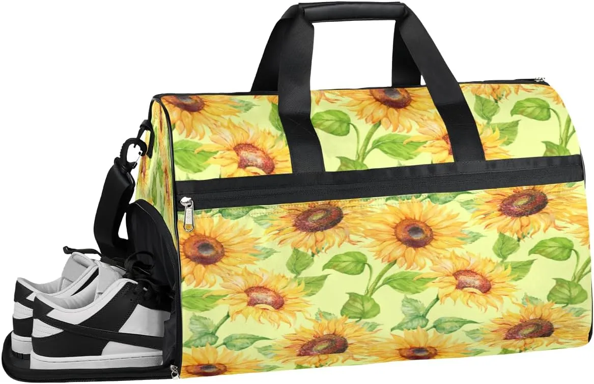 Floral Sunflower Resistant Sports Gym Bag for Women Men Travel Duffel bag with Wet Pocket & Shoes Compartment Waterproof Weekender Bag 19.7"x9.9"x13"