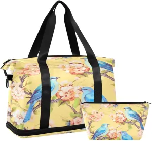 Floral with Blue Birds Gym Bag for Men Women with Shoes Compartment & Wet Pocket Sport Travel Duffel Bag Waterproof Weekender Overnight Bag