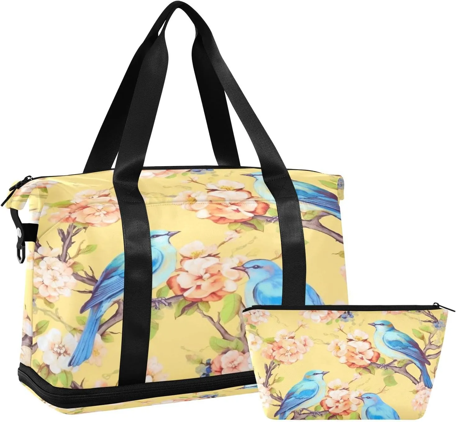Floral with Blue Birds Gym Bag for Men Women with Shoes Compartment & Wet Pocket Sport Travel Duffel Bag Waterproof Weekender Overnight Bag