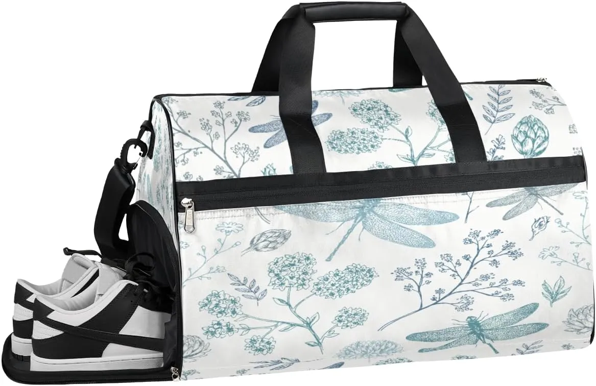 Flower Dragonfly Resistant Sports Gym Bag for Women Men Travel Duffel bag with Wet Pocket & Shoes Compartment Waterproof Weekender Bag 19.7"x9.9"x13"