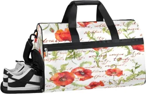 Flower Poppy Resistant Sports Gym Bag for Women Men Travel Duffel bag with Wet Pocket & Shoes Compartment Waterproof Weekender Bag 19.7"x9.9"x13"
