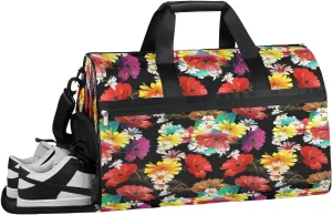 Flowers Floral Resistant Sports Gym Bag for Women Men Travel Duffel bag with Wet Pocket & Shoes Compartment Waterproof Weekender Bag 19.7"x9.9"x13"
