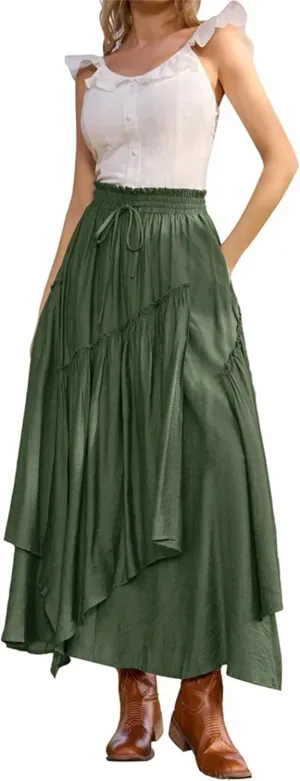 Flowy Tiered Maxi Skirt with Pockets - Adjustable High Waisted A-Line Swing Skirt, Ruffle Trim Casual Beach Dress | Boho Summer Outfit for Women 1-Green S