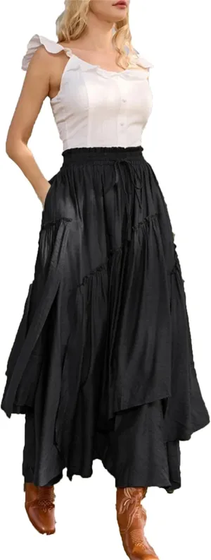 Flowy Tiered Maxi Skirt with Pockets - Adjustable High Waisted A-Line Swing Skirt, Ruffle Trim Casual Beach Dress | Boho Summer Outfit for Women Black L