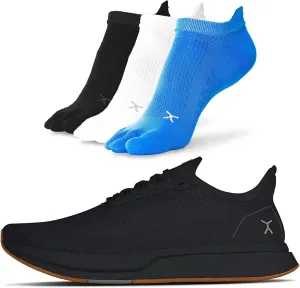 FLUX FOOTWEAR Adapt Bundle  Womens Zero-Drop Running Shoes with Knit Upper & UltraFlex Midsole   3-Pack Medium No-Show Toe Socks  Lightweight, Breathable, and Versatile  Black/Gum RN - W10.5/M9
