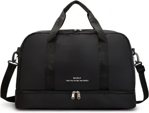 FOAN & MABLE Light Gym Bag with Shoe Compartment, Large Capacity Sports Travel Duffle Bag with Wet Pocket for Lady Weekender Overnight Aircraft Bag (Black)