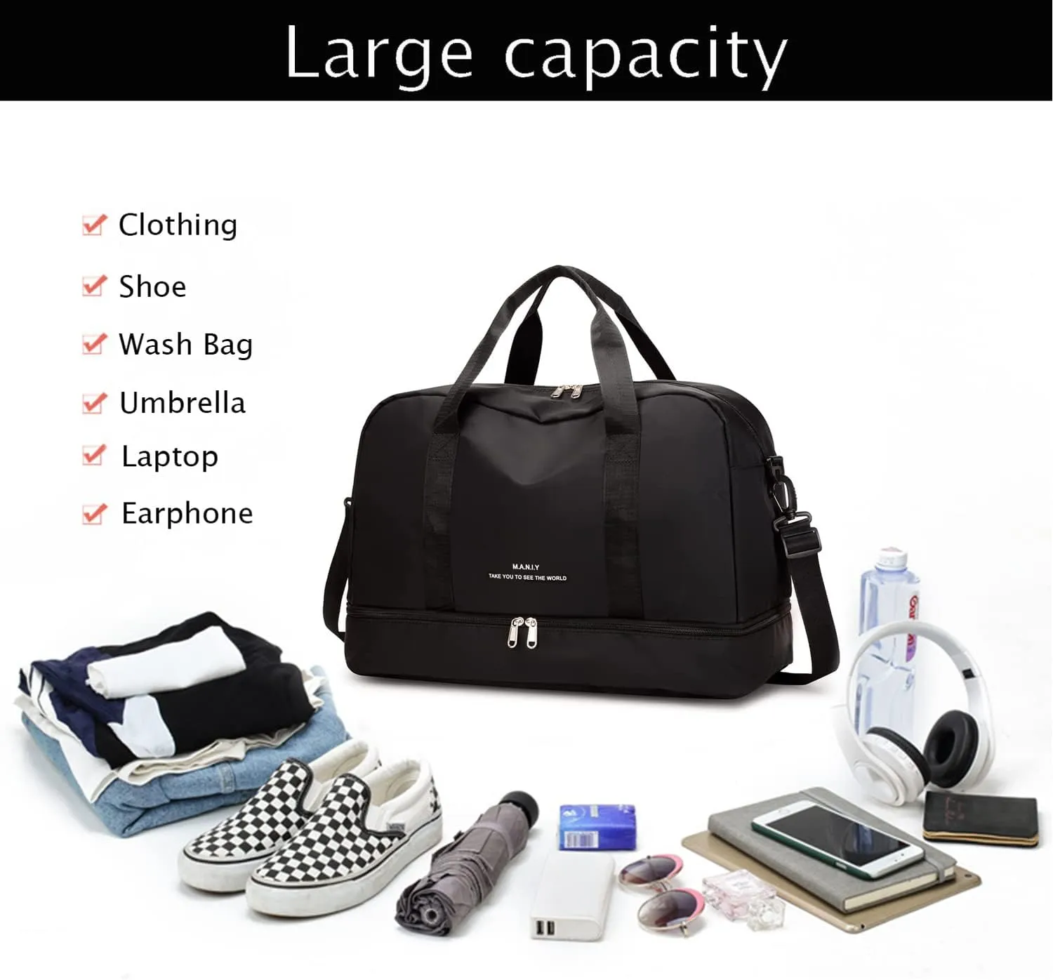 FOAN & MABLE Light Gym Bag with Shoe Compartment, Large Capacity Sports Travel Duffle Bag with Wet Pocket for Lady Weekender Overnight Aircraft Bag (Black)