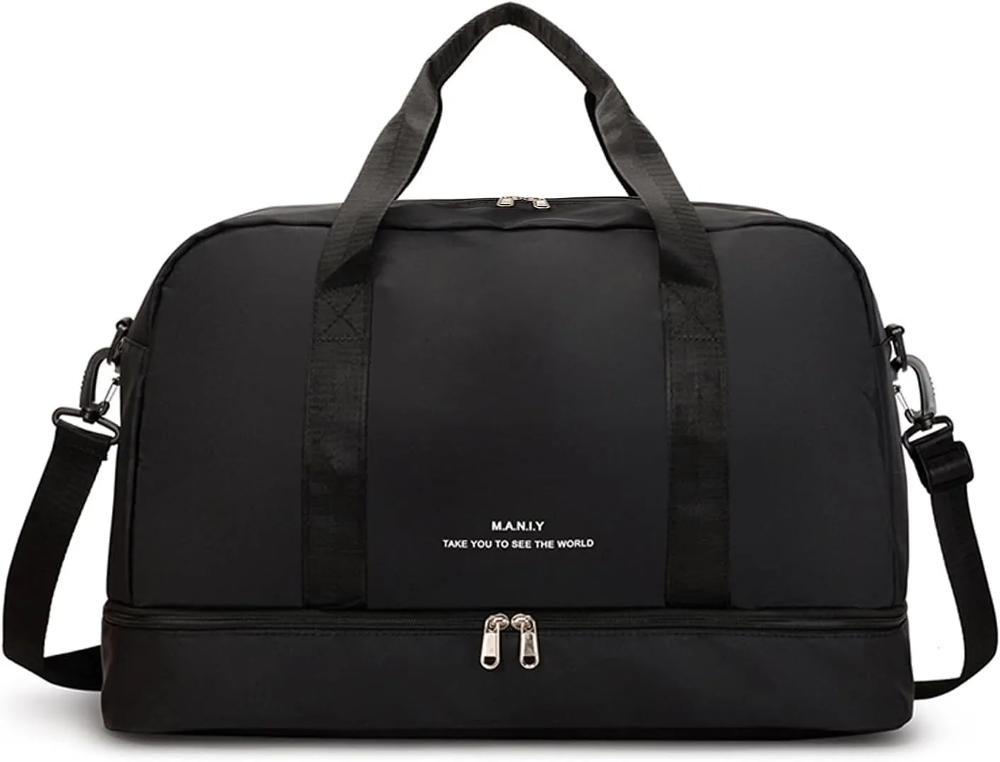 FOAN & MABLE Light Gym Bag with Shoe Compartment, Large Capacity Sports Travel Duffle Bag with Wet Pocket for Lady Weekender Overnight Aircraft Bag (Black)