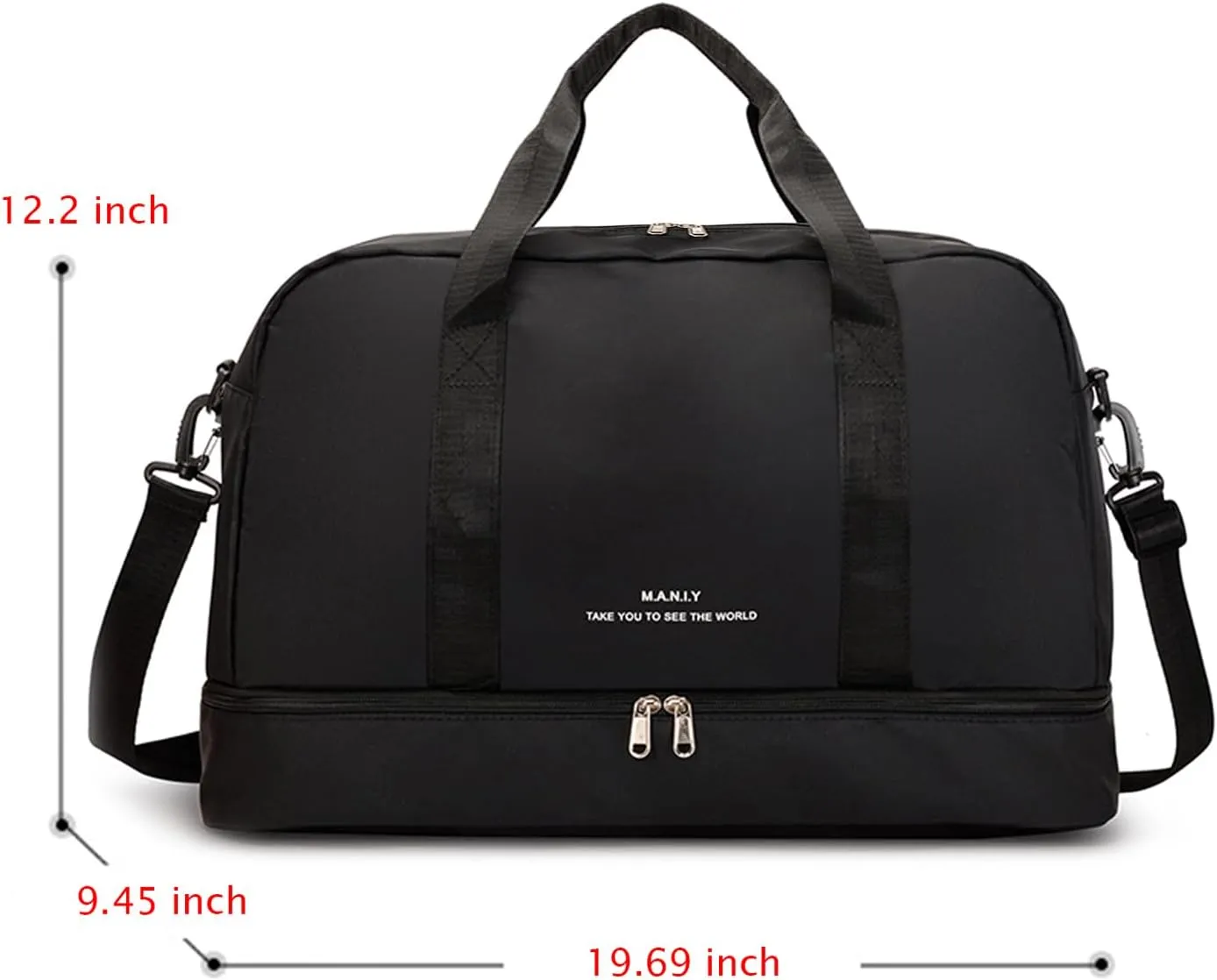 FOAN & MABLE Light Gym Bag with Shoe Compartment, Large Capacity Sports Travel Duffle Bag with Wet Pocket for Lady Weekender Overnight Aircraft Bag (Black)