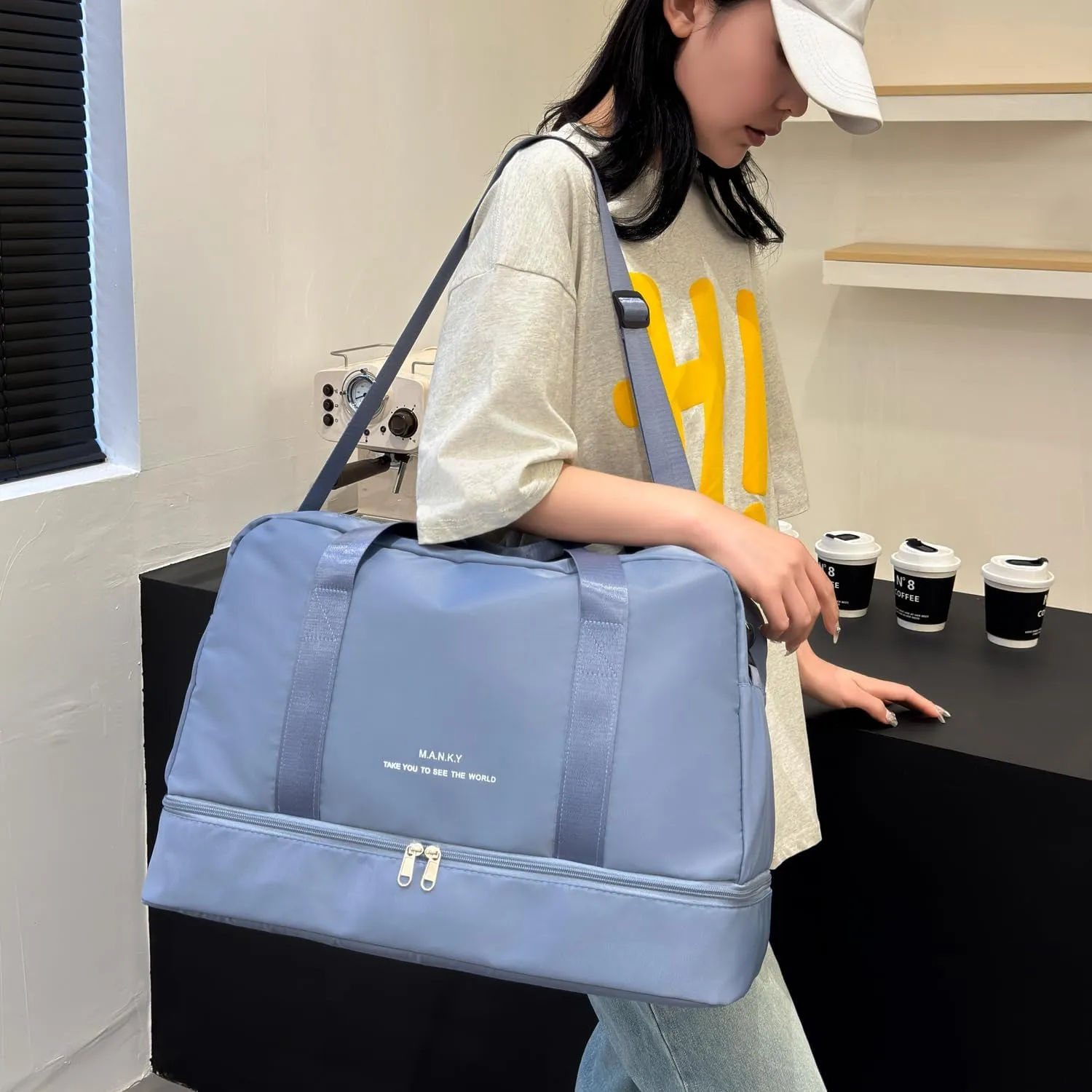 FOAN & MABLE Light Gym Bag with Shoe Compartment, Large Capacity Sports Travel Duffle Bag with Wet Pocket for Lady Weekender Overnight Aircraft Bag (Blue)