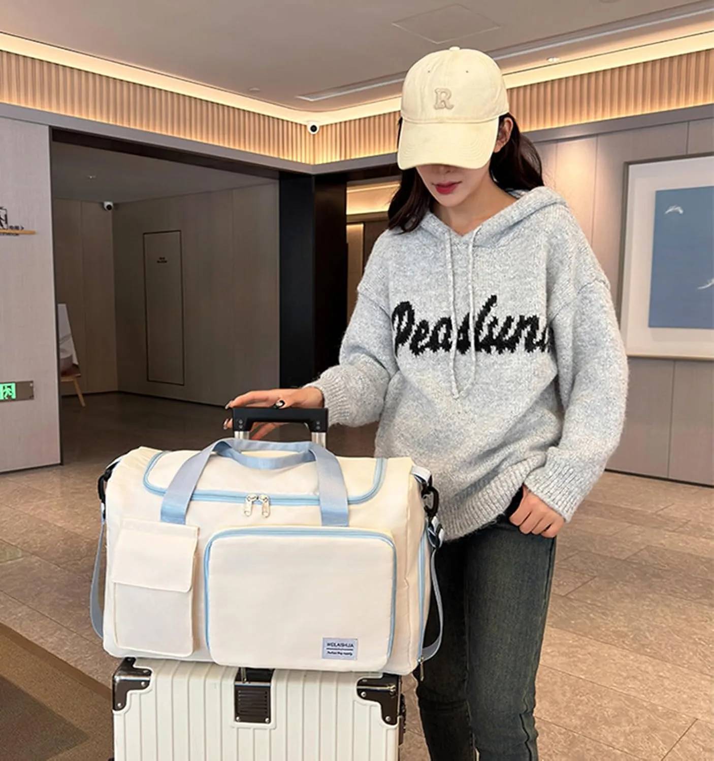 Foldable Travel Carry On Duffel Bags for Women Weekender Overnight Bag with Shoes Compartment Waterproof Gym Bag (White and light blue), CM240524