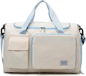 Foldable Travel Carry On Duffel Bags for Women Weekender Overnight Bag with Shoes Compartment Waterproof Gym Bag (White and light blue), CM240524