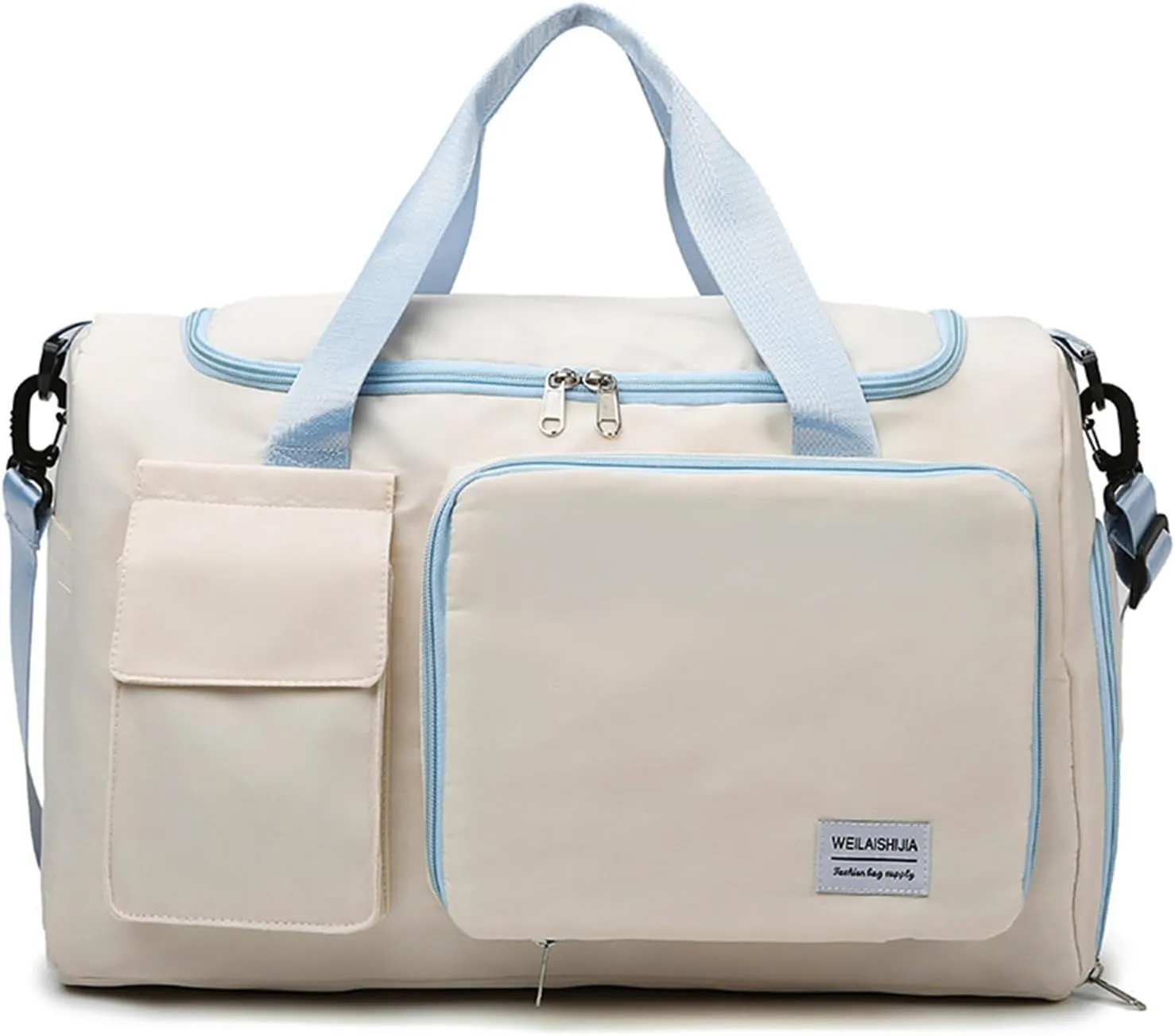 Foldable Travel Carry On Duffel Bags for Women Weekender Overnight Bag with Shoes Compartment Waterproof Gym Bag (White and light blue), CM240524