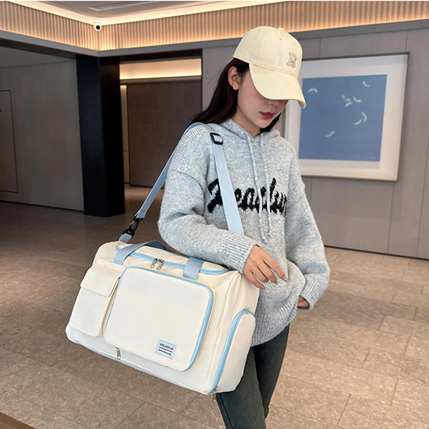Foldable Travel Carry On Duffel Bags for Women Weekender Overnight Bag with Shoes Compartment Waterproof Gym Bag (White and light blue), CM240524