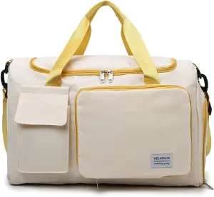 Foldable Travel Carry On Duffel Bags for Women Weekender Overnight Bag with Shoes Compartment Waterproof Gym Bag (White and light yellow), CM240524