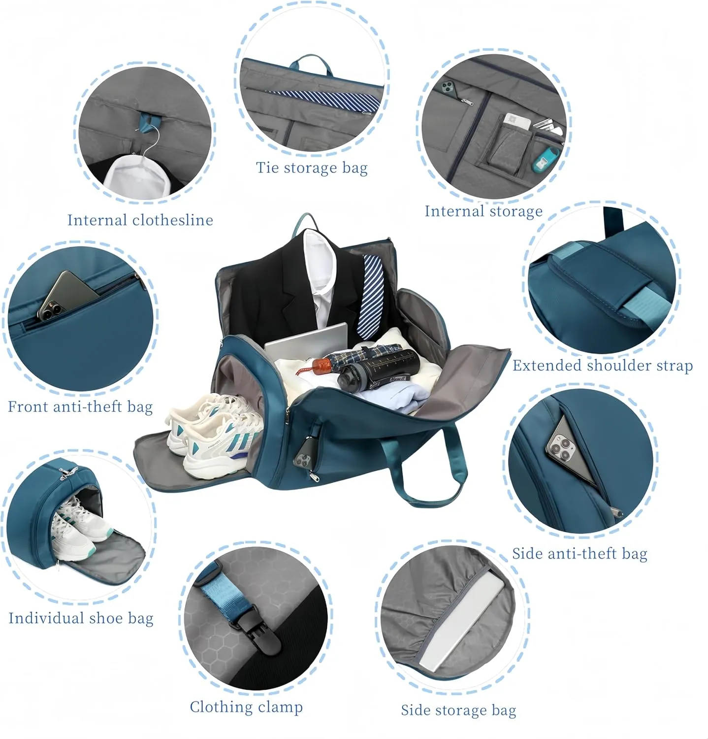 Garment Duffle Bag for Travel, Convertible Garment Bags, 57L Carry on Garment Bag, Garment Duffle Bags with Shoulder Strap & Shoes Compartment (Blue)
