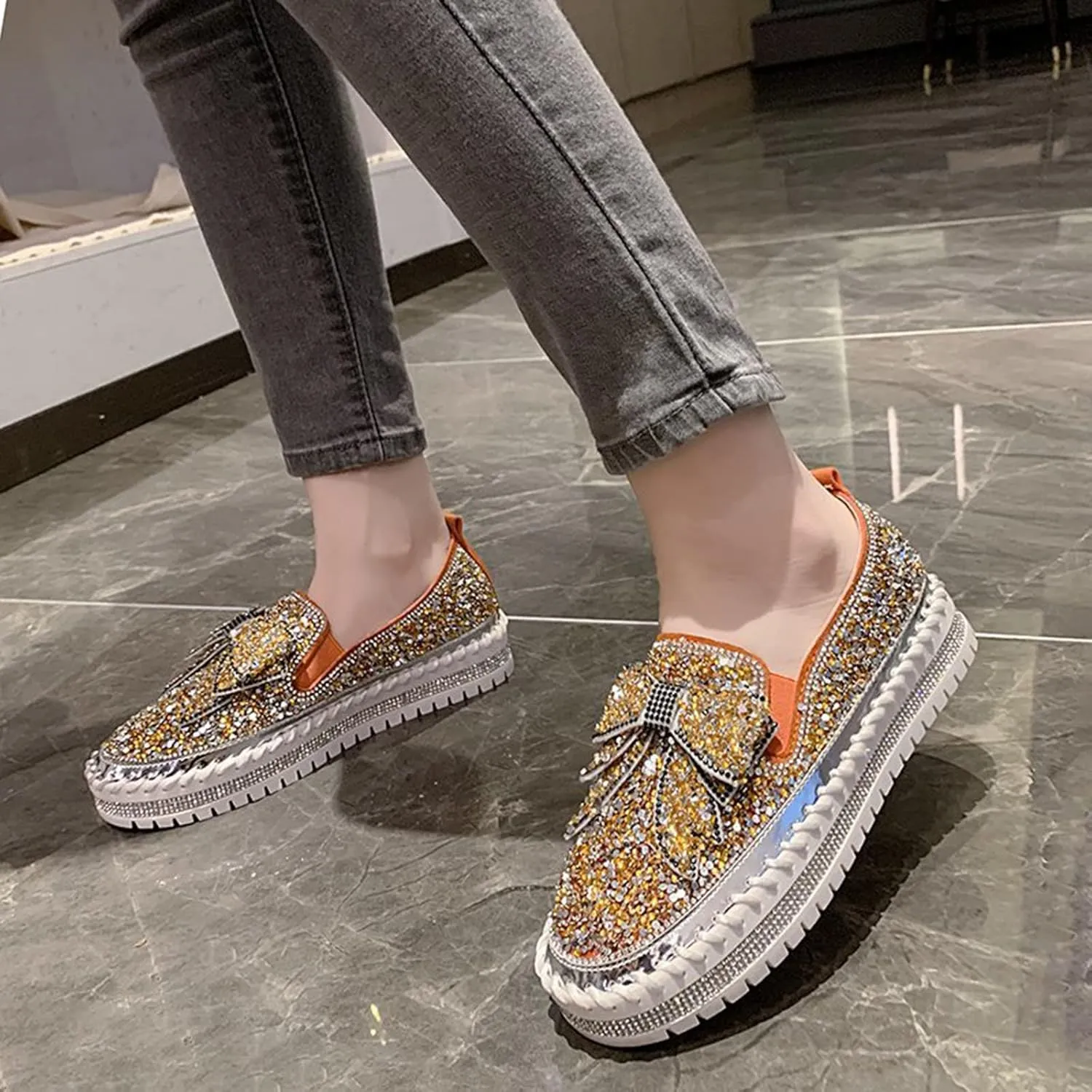 Gold Fashion Platform Walking Shoes for Women Trendy Rhinestones Glitter Slip on Sneakers Cute Bow Flat Loafer Shoe Footwear