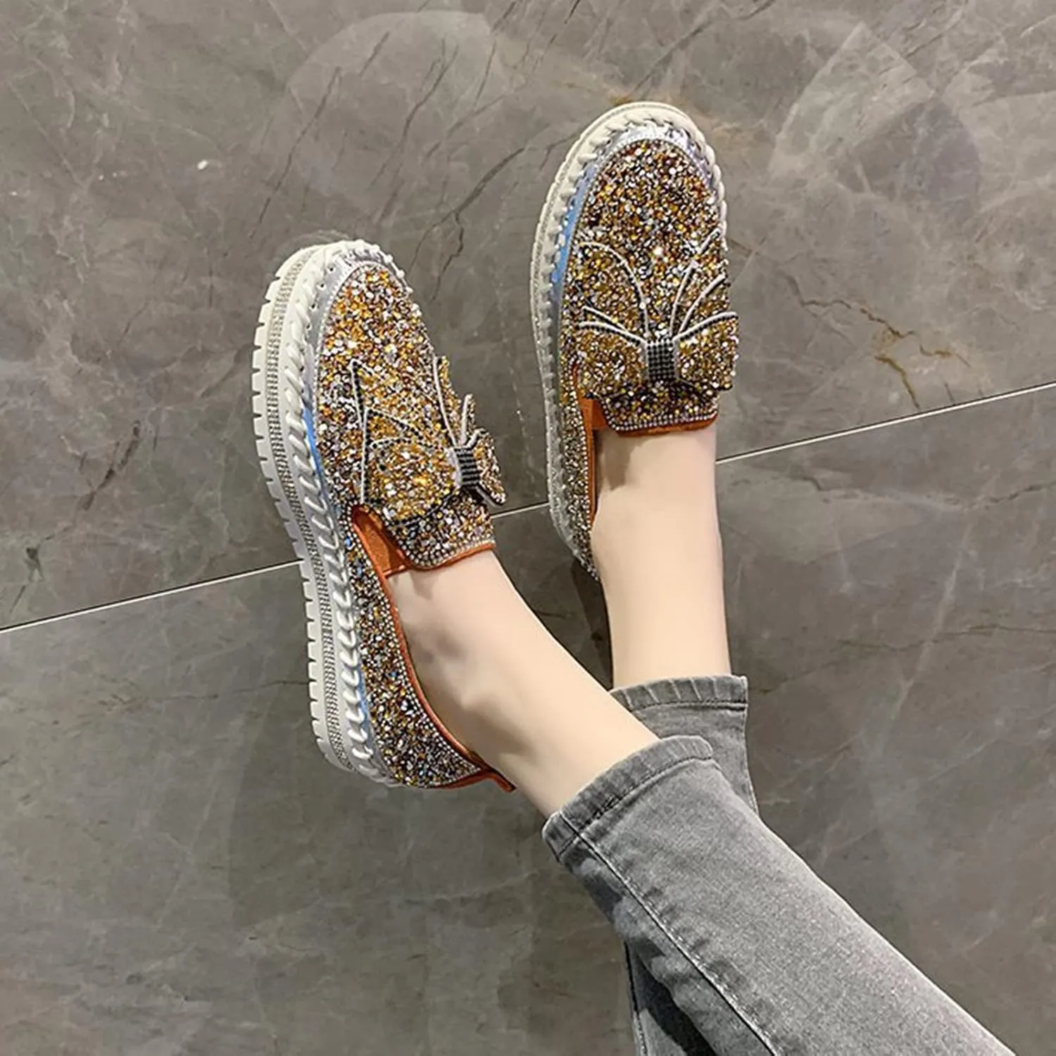 Gold Fashion Platform Walking Shoes for Women Trendy Rhinestones Glitter Slip on Sneakers Cute Bow Flat Loafer Shoe Footwear