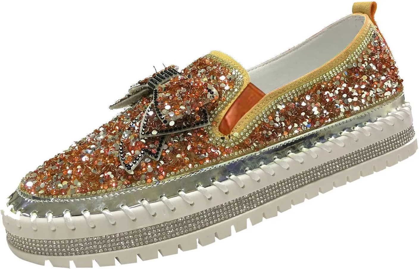 Gold Fashion Platform Walking Shoes for Women Trendy Rhinestones Glitter Slip on Sneakers Cute Bow Flat Loafer Shoe Footwear