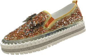Gold Fashion Platform Walking Shoes for Women Trendy Rhinestones Glitter Slip on Sneakers Cute Bow Flat Loafer Shoe Footwear
