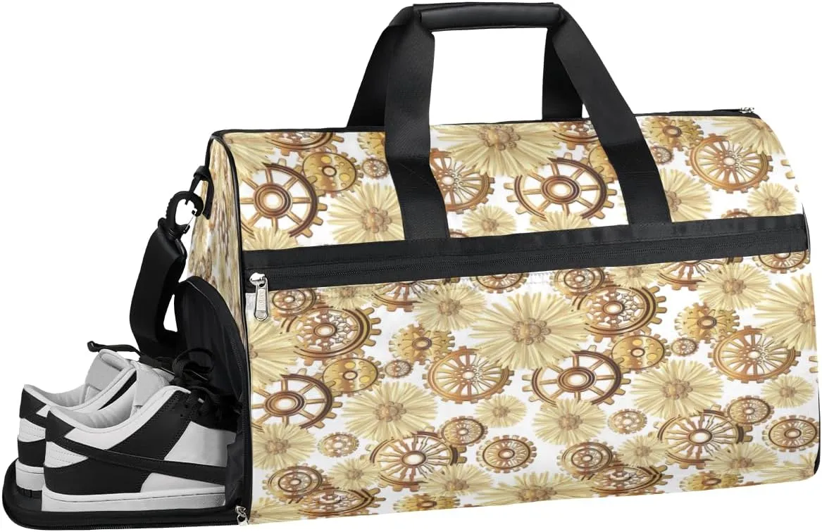 Gold Wheel Gear Flower Gym Bag for Men Women Fitness Workout Sports Duffle Bag with Shoes Compartment Water Resistant Overnight Weekender Duffel Bag