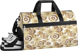 Gold Wheel Gear Flower Gym Bag for Men Women Fitness Workout Sports Duffle Bag with Shoes Compartment Water Resistant Overnight Weekender Duffel Bag