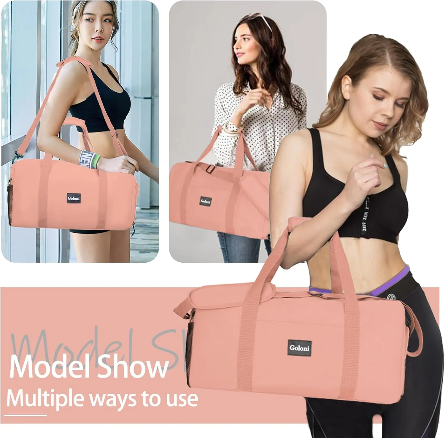 Goloni 22" Women's Large Duffel/Weekender Bag With Shoes Compartment For Travel Bags For Gym Workout Garment Luggage Overnight Bags, Light Pink
