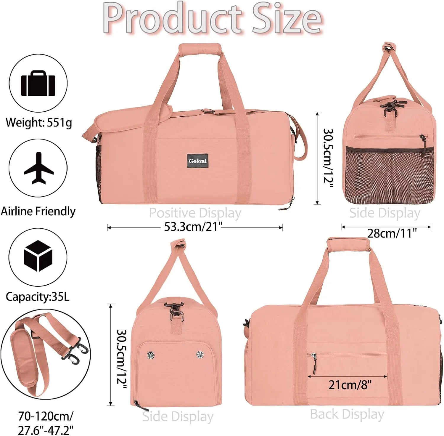 Goloni 22" Women's Large Duffel/Weekender Bag With Shoes Compartment For Travel Bags For Gym Workout Garment Luggage Overnight Bags, Light Pink