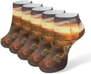 Green Desert Sunset Ankle Socks Soft Breathable No Show Socks Comfortable Cotton Low Cut Casual Socks for Women Men 5 Pairs