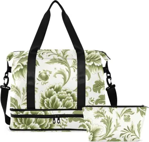 Green Flowers Floral Weekender Bags for Women Men Travel Bag with Shoes Compartment Toiletry Bag Large Duffel Bag for Sports Gym Hospital