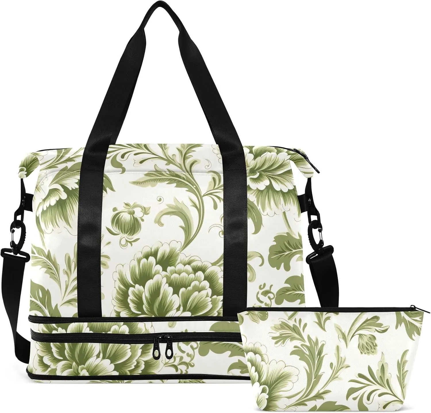 Green Flowers Floral Weekender Bags for Women Men Travel Bag with Shoes Compartment Toiletry Bag Large Duffel Bag for Sports Gym Hospital