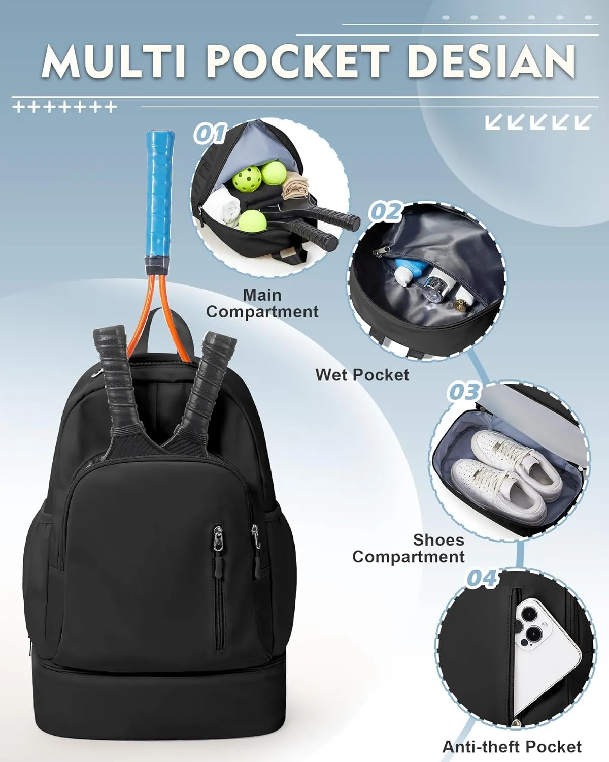 Gym Backpack for Women with Shoes Compartment, waterproof Sports Backpack with Dry Wet Separated Pocket, Gym Bags for Fitness Yoga Travel, Black