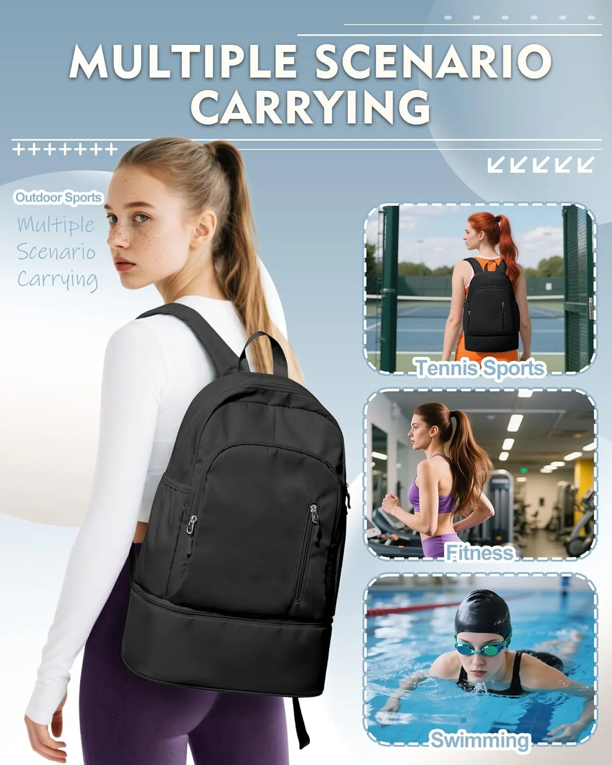 Gym Backpack for Women with Shoes Compartment, waterproof Sports Backpack with Dry Wet Separated Pocket, Gym Bags for Fitness Yoga Travel, Black