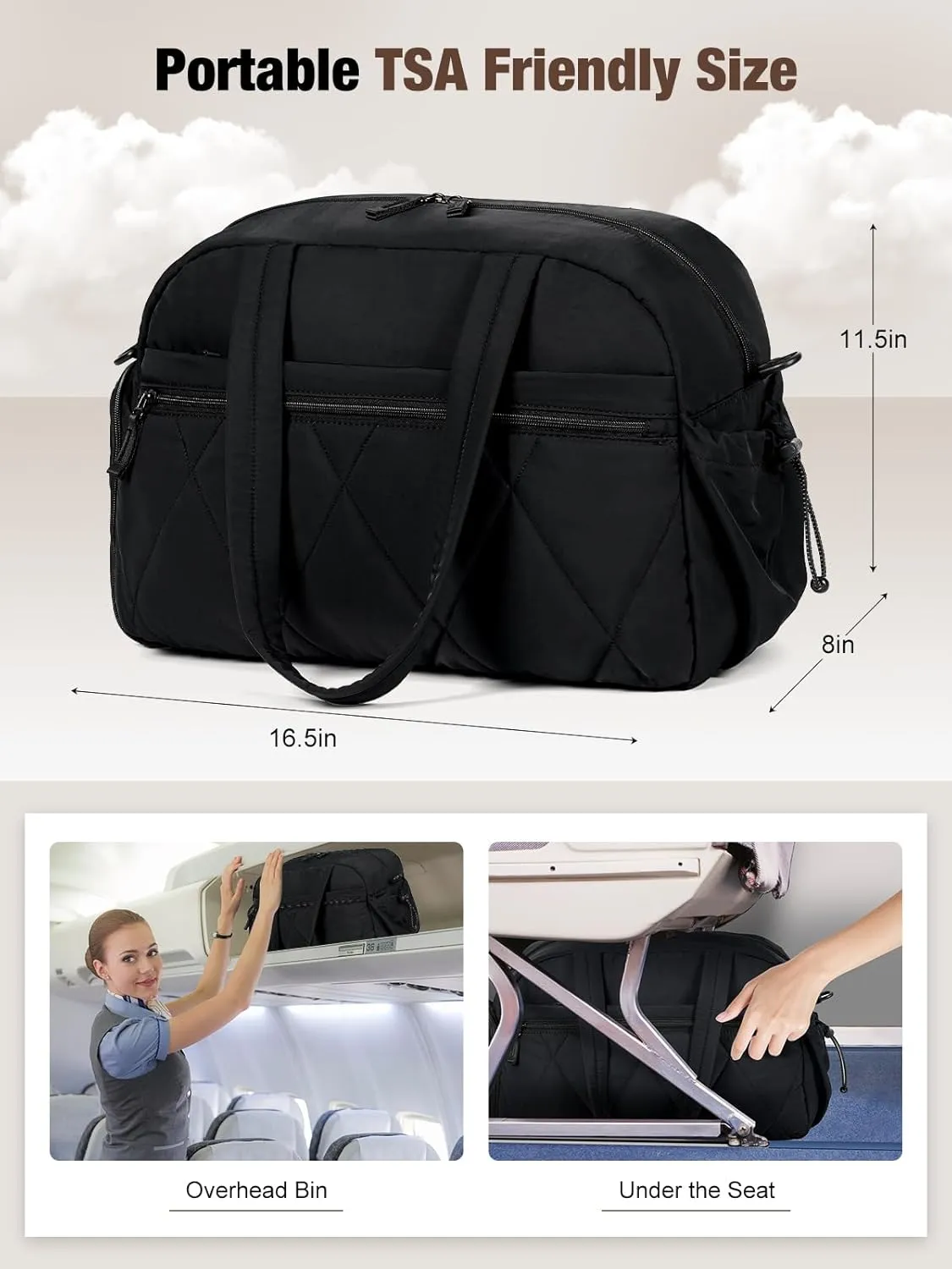 Gym Bag for Women, Puffer Travel Duffle Bag With Shoes Compartment & Wet Pocket, Carry On Tote Bag For Weekender, Overnight, Sport (Black)