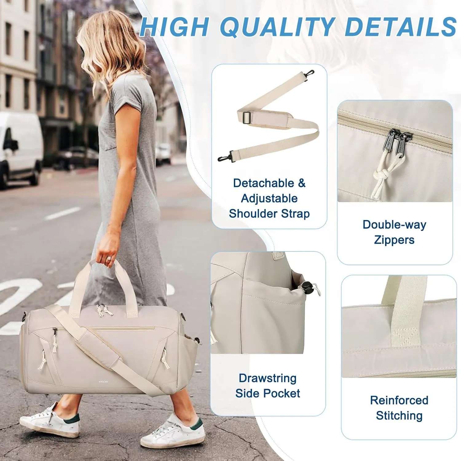 Gym Bag for Women,Vaschy 20in Medium Weekender Overnight Carry on Duffle Bag with Shoes Compartments Luggage Sleeve for Travel Beige